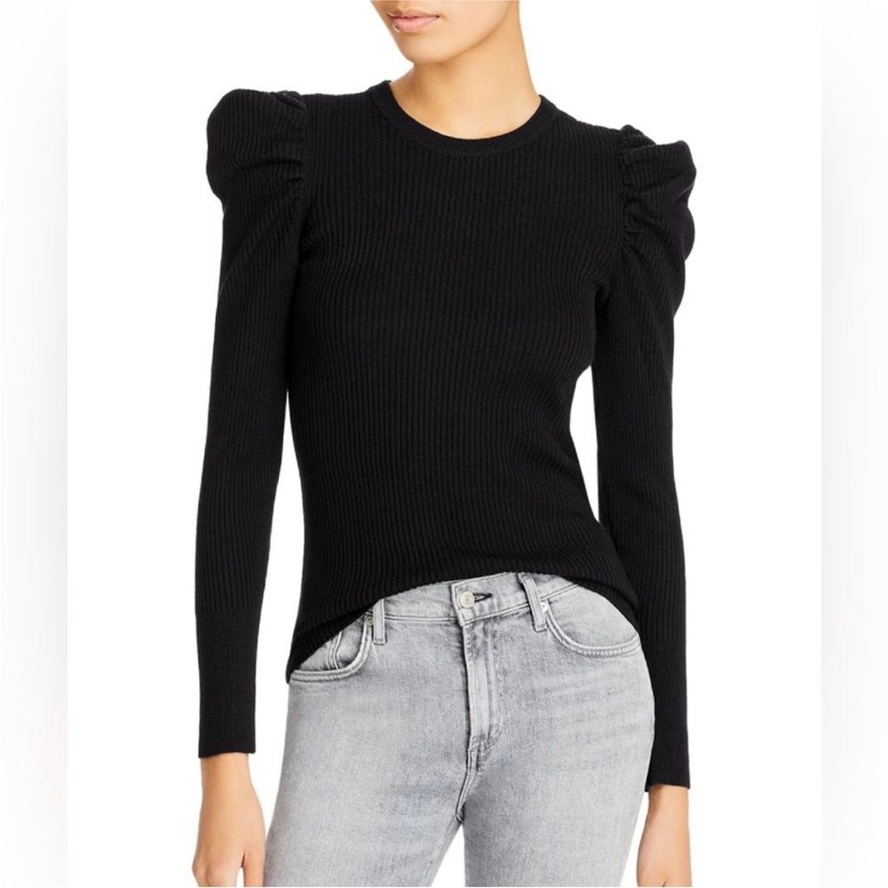 For All Mankind Cashmere Blend Ribbed Puff Sleeve Sweater Black Size Medium
